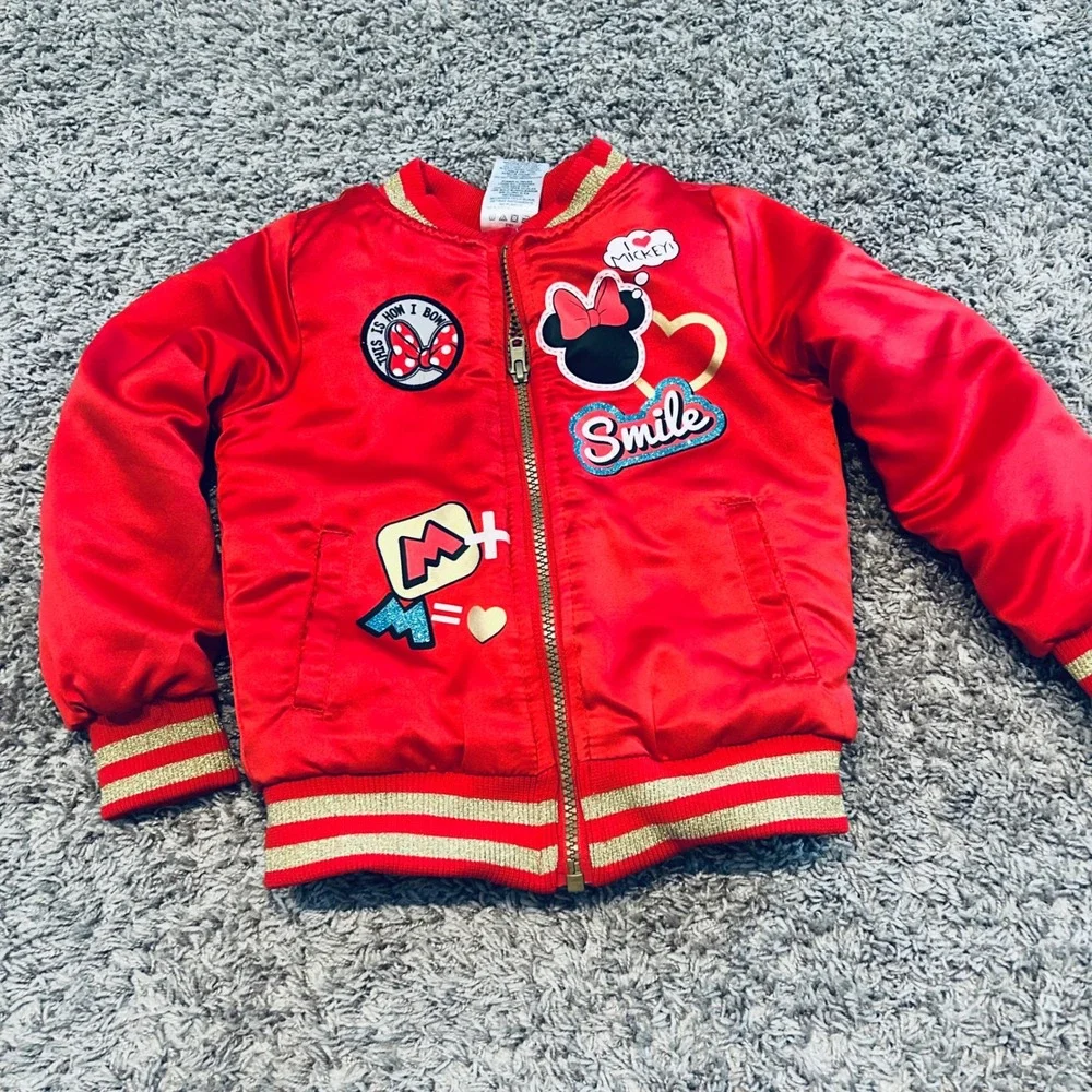 Disney Minnie Mouse Red Satin‎ Bomber Jacket Girls 4T Gold Glitter SCAL01A